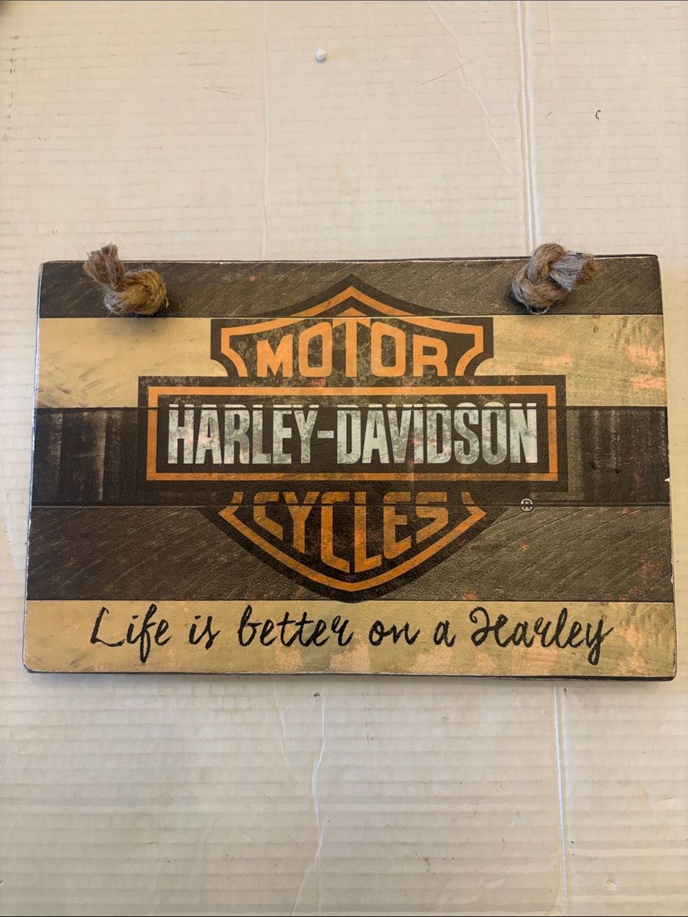 Harley-Davidson Wood Shield Sign in Orange, Black and Cream